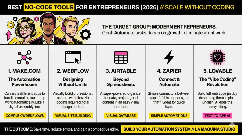 Best No Code Tools for Entrepreneurs – Top Picks: Make.com, Webflow, Airtable, Zapier, Lovable
