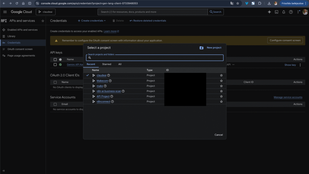 Google Cloud Console showing the OAuth 2.0 credentials page with Client ID and Client Secret visible (partially blurred), and the "Authorized redirect URIs" section with Make.com's redirect URL