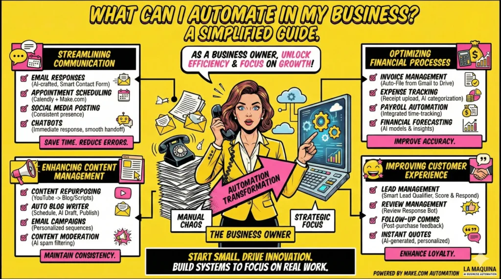 What Can I Automate in My Business: A Guide. Email responses, appointment scheduling, social media posting, chatbots.