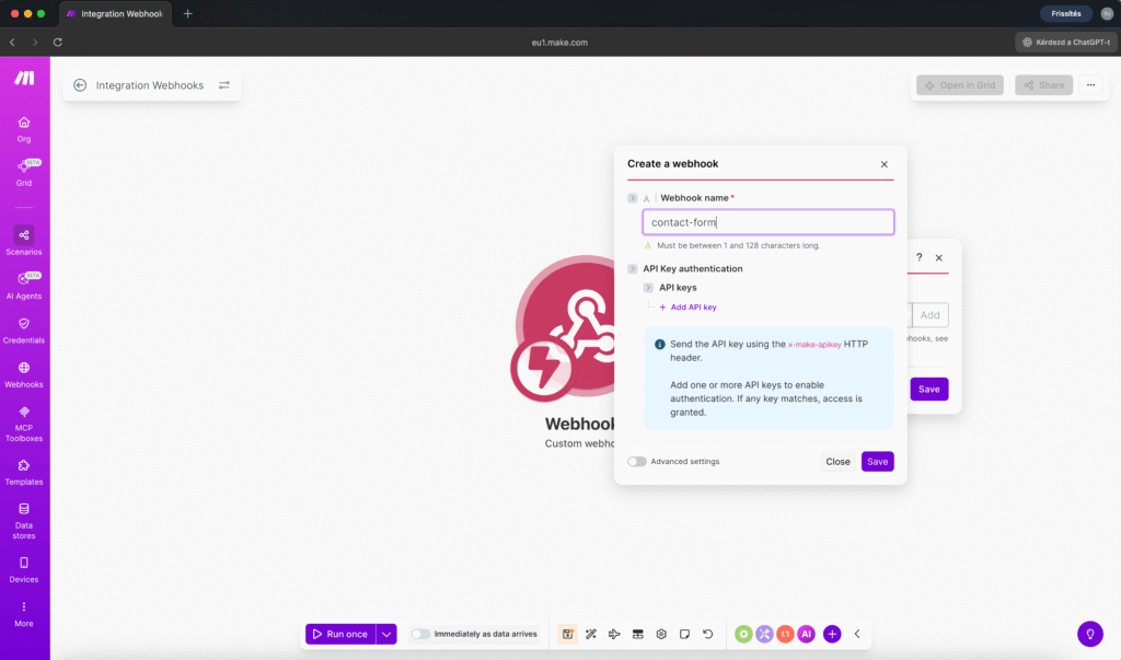 The Create webhook configuration panel showing webhook name