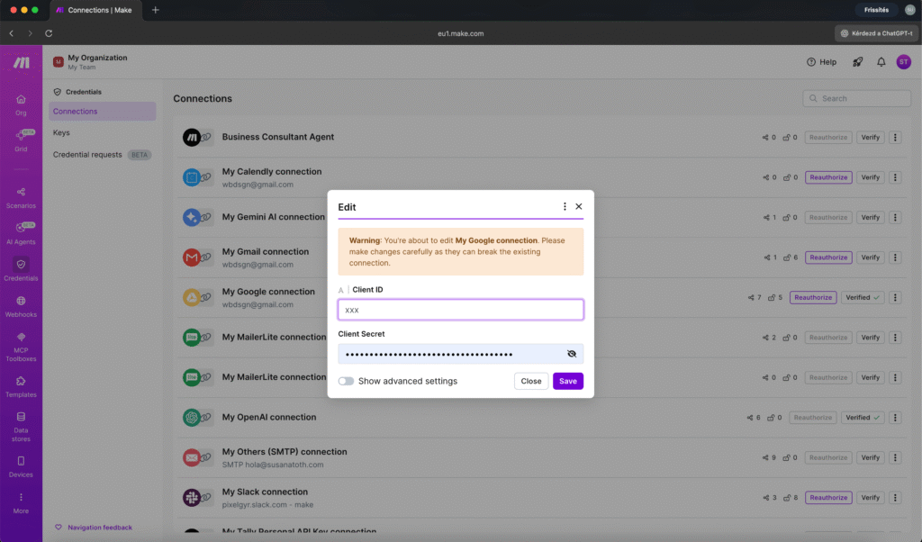 Make.com Google Sheets connection dialog showing fields for Client ID, Client Secret, and the "Sign in with Google" authorization button