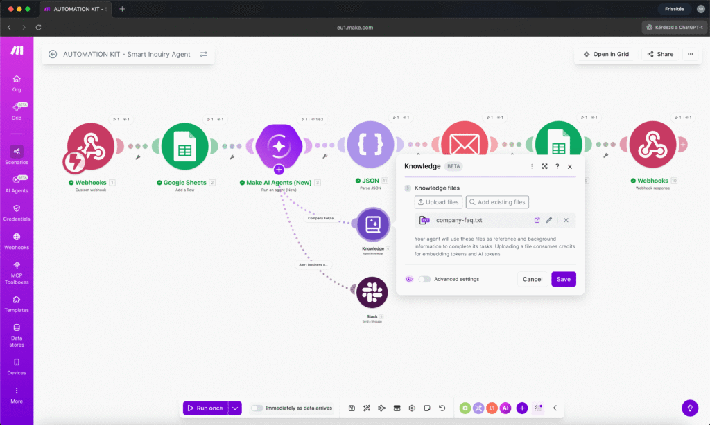Make.com Make AI Agents Knowledge Base