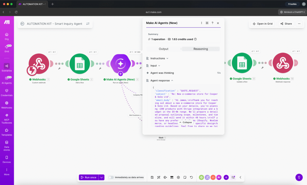 Output Panel showing an QUOTA REQUEST classification with email - Make AI Agents