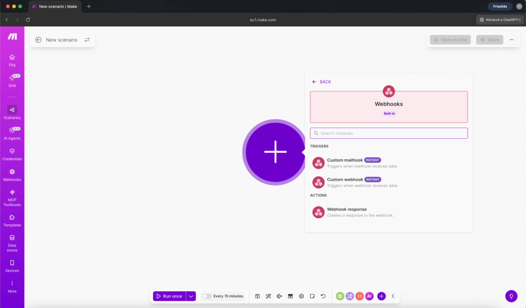 Create a new scenario - setting up your first webhook in Make.com