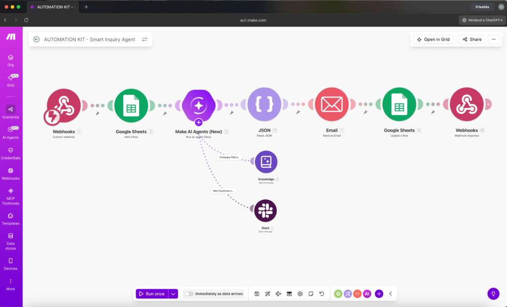 Smart Inquiry Agent with new Make AI Agent - 7 modules in a clean line