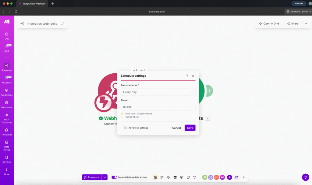 The scenario toggle switch at the bottom left of the Make.com editor, showing the ON/OFF state and the scheduling options