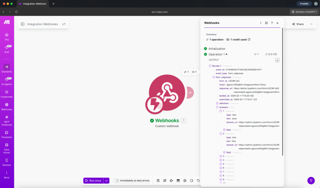 The webhook module after receiving test data, showing the "Successfully determined" message and the data structure with field names expanded