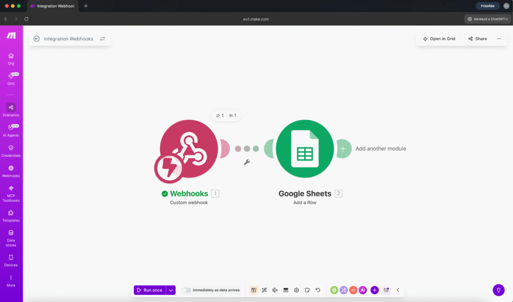 A module configuration panel showing the variable picker, with webhook data fields (like name, email, message) available to select from module.