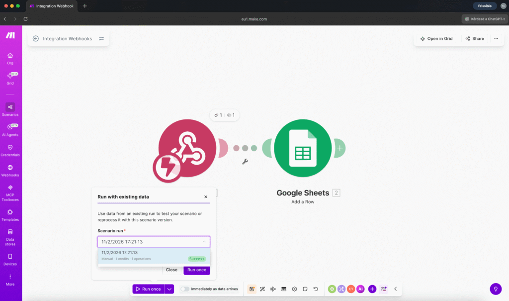 Right-click context menu on the webhook module showing the "Choose where to start" option, with previous data bundles listed and one selected for replay