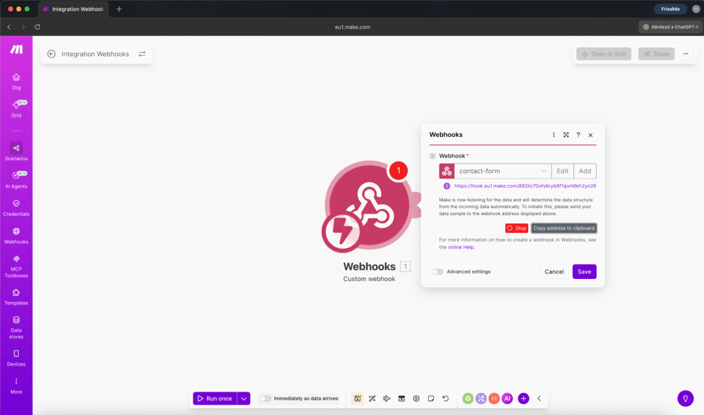 The generated webhook URL with the "Copy address to clipboard" button