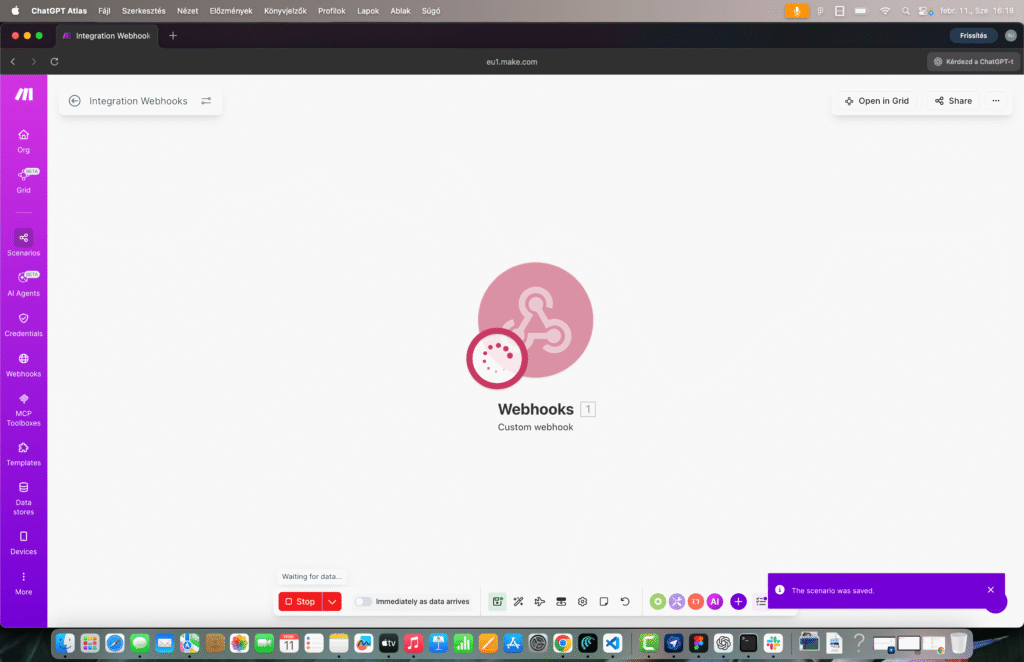 Make.com showing "Run once" button highlighted at the bottom, with the webhook module waiting for data - the "Waiting for data" status indicator