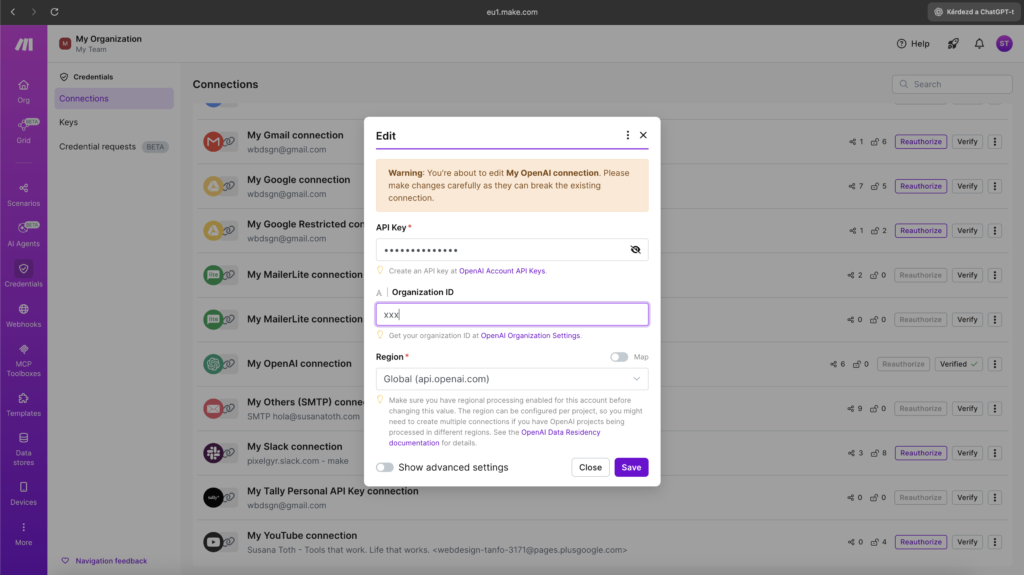 Make.com OpenAI connection dialog showing the API Key field where you paste your key, with the connection name field above it