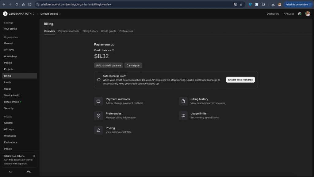 OpenAI billing settings page showing the "Usage limits" section with a "Set a monthly budget" field and a hard limit toggle