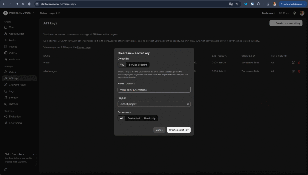 OpenAI API keys dashboard showing the "Create new secret key" button and a newly generated key with the copy button - key value partially blurred for security
