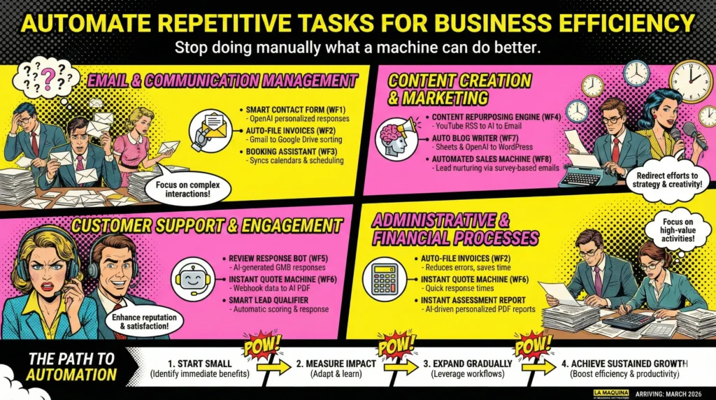 Automate Repetitive Tasks Business for Efficiency. Email and Communication Management. Content Creation and Marketing. Customer Support and Engagement. Administrative and Financial Processes.